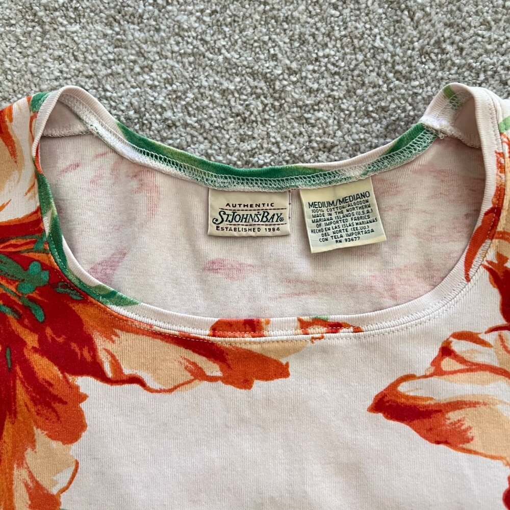 Y2K Vintage St. John’s Bay Orange & White Floral Top 100% Cotton Tailored Waist - Picture 4 of 8